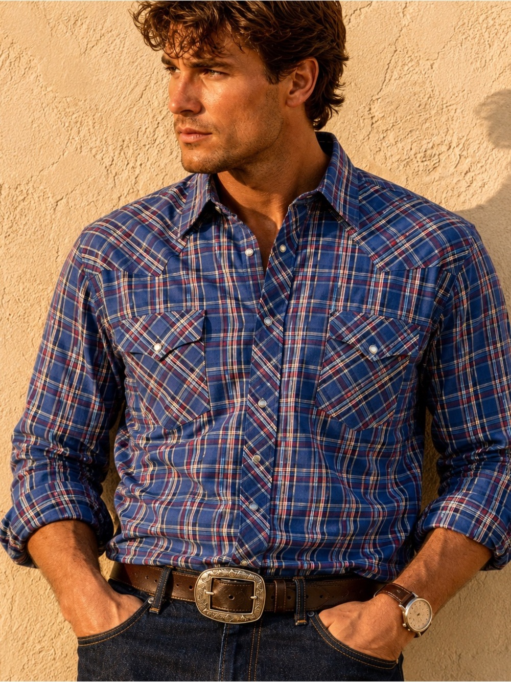 Vintage Wrangler Western Pearl Snap Shirt Mens Large Blue Plaid Cowboy Rodeo